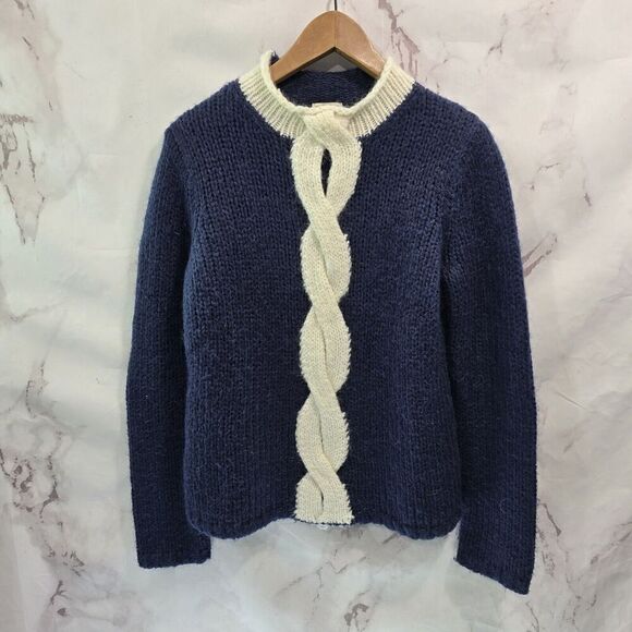 LL Bean Sweater Womens Medium Blue Cream Mohair Wool Cable Knit Roll Neck Twist - Picture 1 of 9